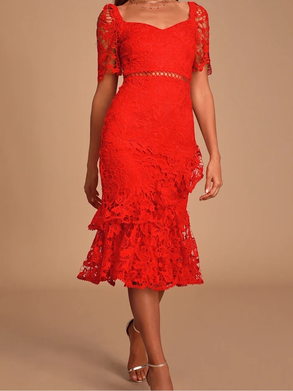 Lulu's Bold Red Crochet Lace Midi Dress Small